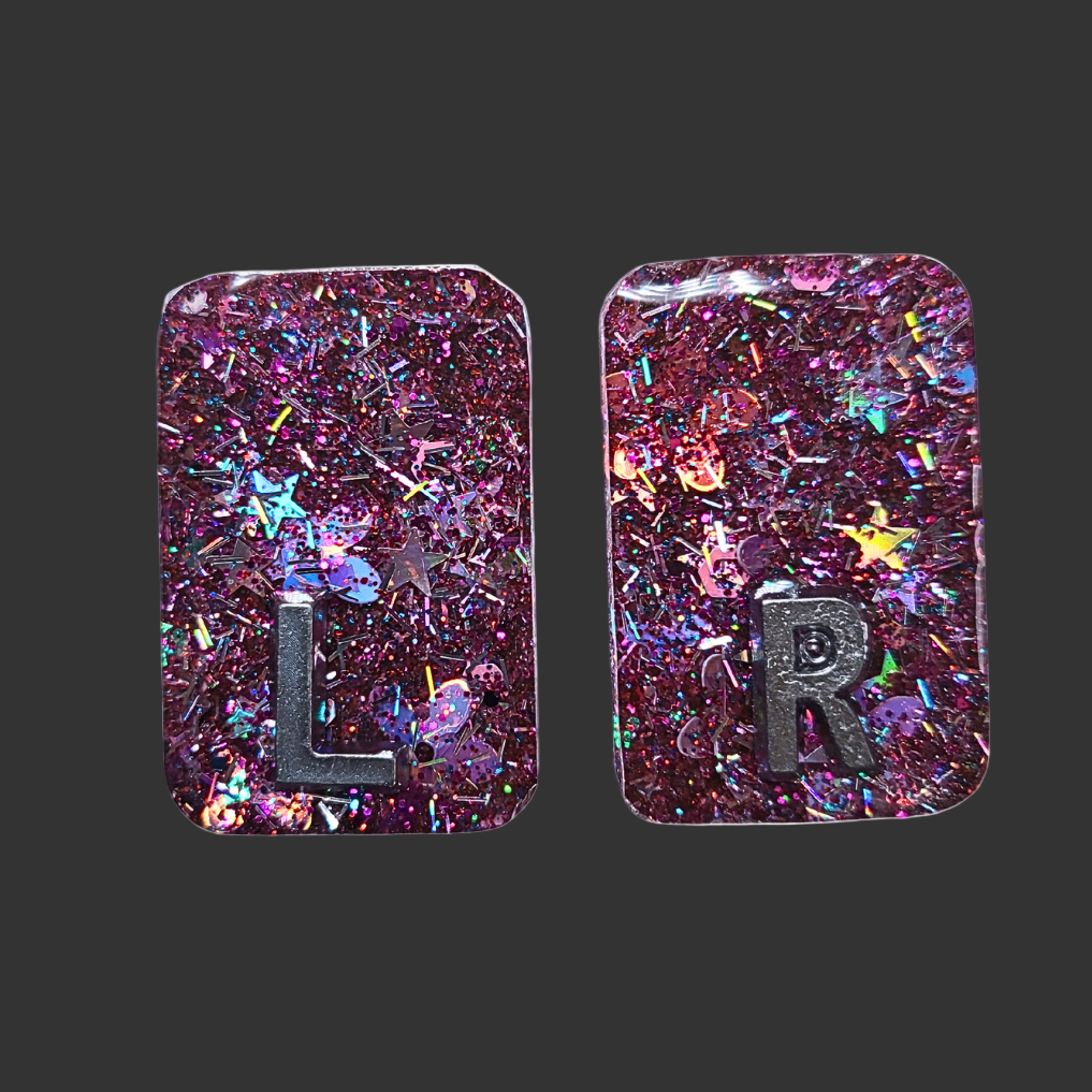 Pink, purple and hunky glitter X-ray markers with custom initials option. for radiographers and x ray techs handmade by x ray vision uk
