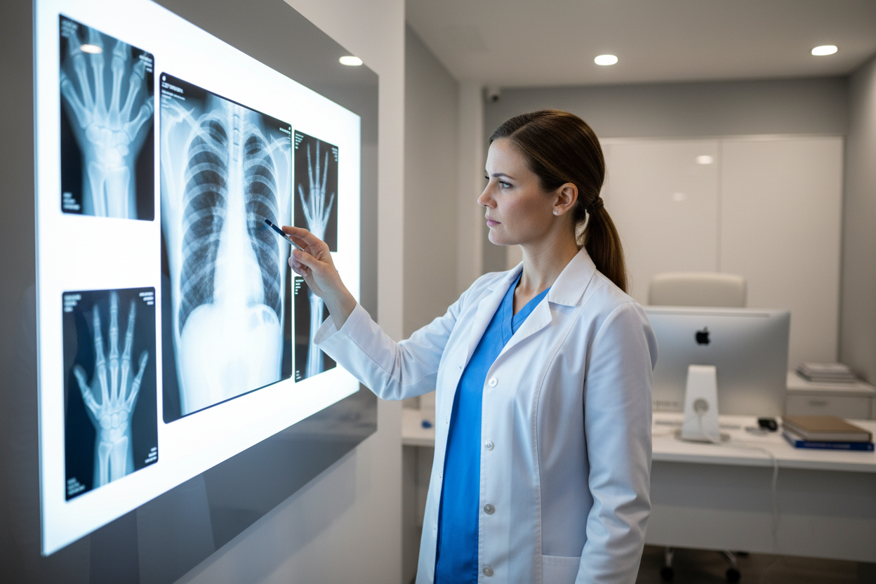 female doctor looking at x rays
