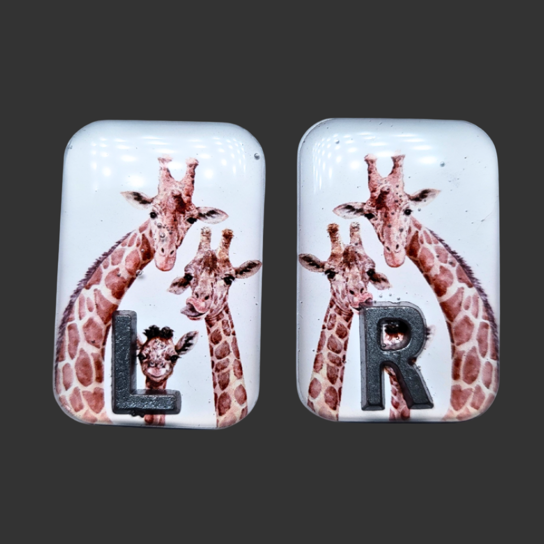 Handmade giraffe X-ray markers with three-giraffe design, personalised radiology markers