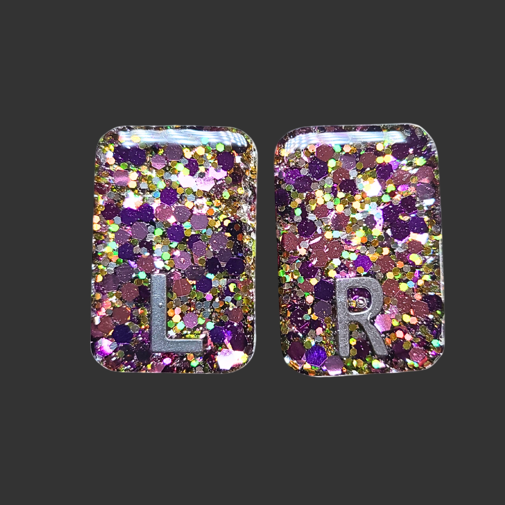 Pink, purple and gold chunky glitter X-ray markers with custom initials option. for radiographers and x ray techs