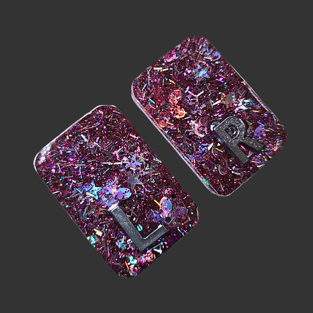 Pink, purple and hunky glitter X-ray markers with custom initials option. for radiographers and x ray techs handmade by x ray vision uk