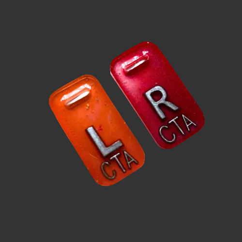 orange and red x ray markers for radiographers and x ray techs made by x ray vision uk 