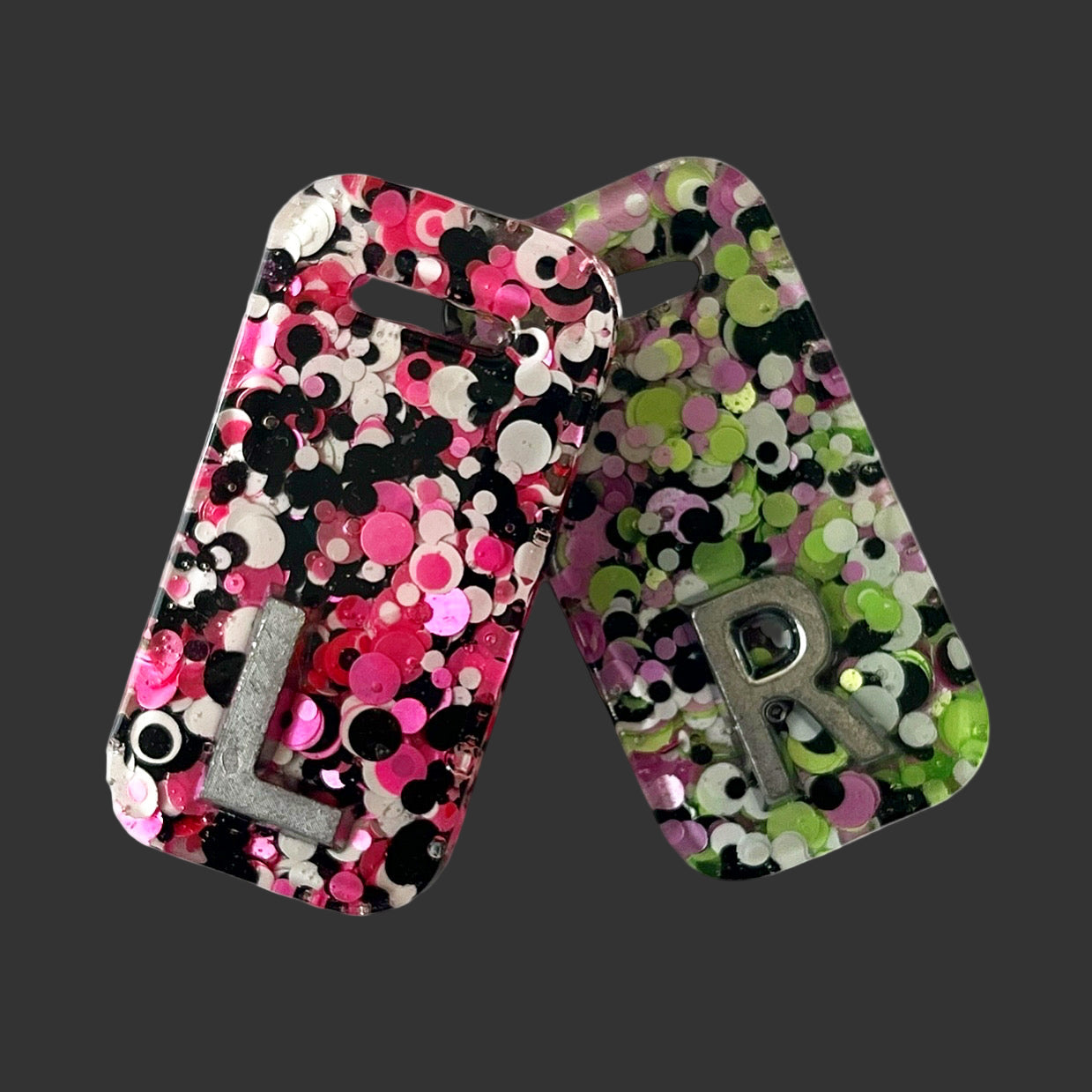 Handmade pink and green matte glitter X-ray markers personalised for radiographers and x ray techs 