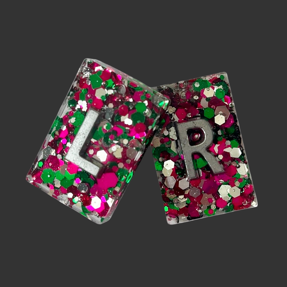 Handmade green and pink glitter X-ray markers personalised for radiographers and x ray techs 