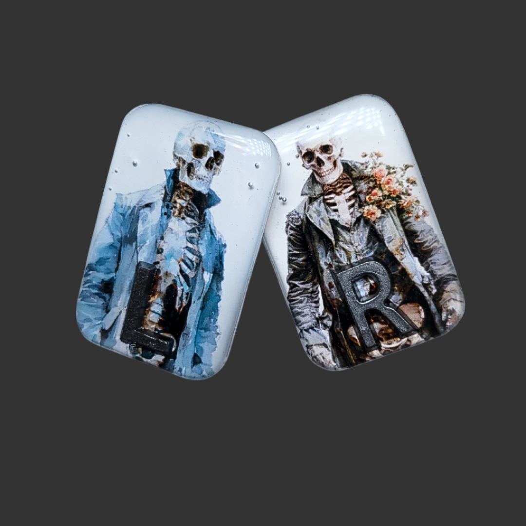 Retro skeleton-themed X-ray markers wearing coats, unique and fun design for radiographers and X-ray techs