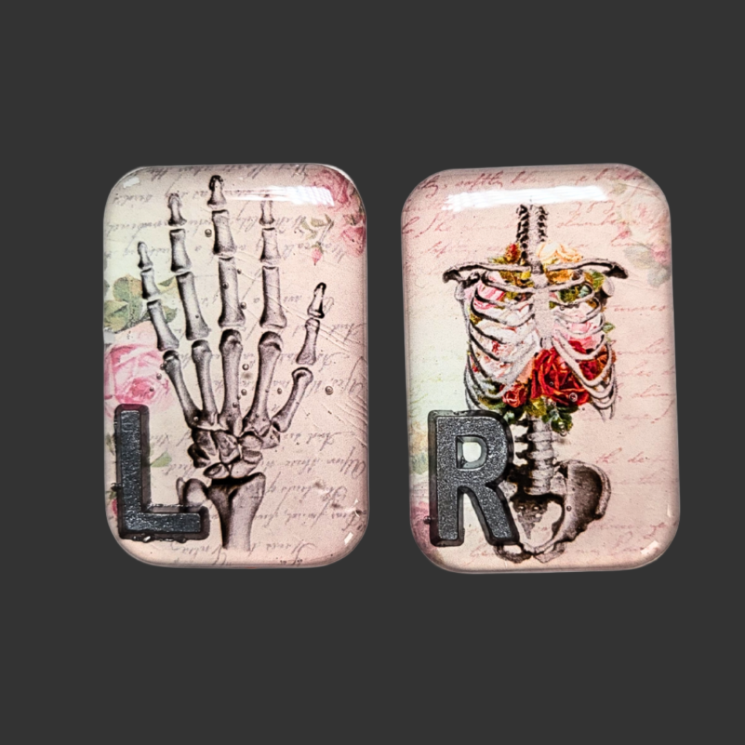 Acrylic X-ray markers with hand anatomy, abdomen, and pelvis illustrations, personalised for radiographers