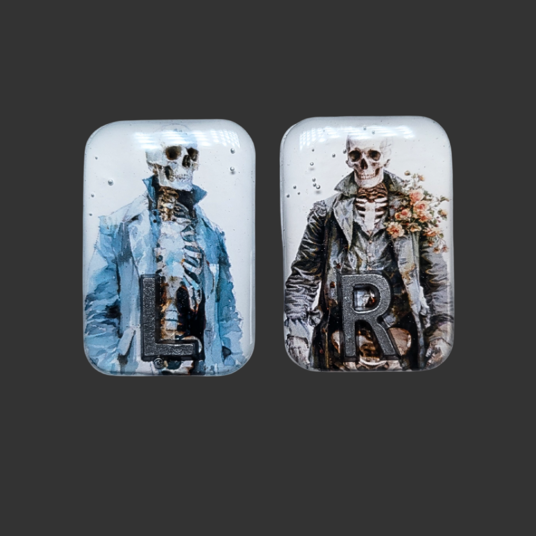 Retro skeleton-themed X-ray markers wearing coats, unique and fun design for radiographers and X-ray techs