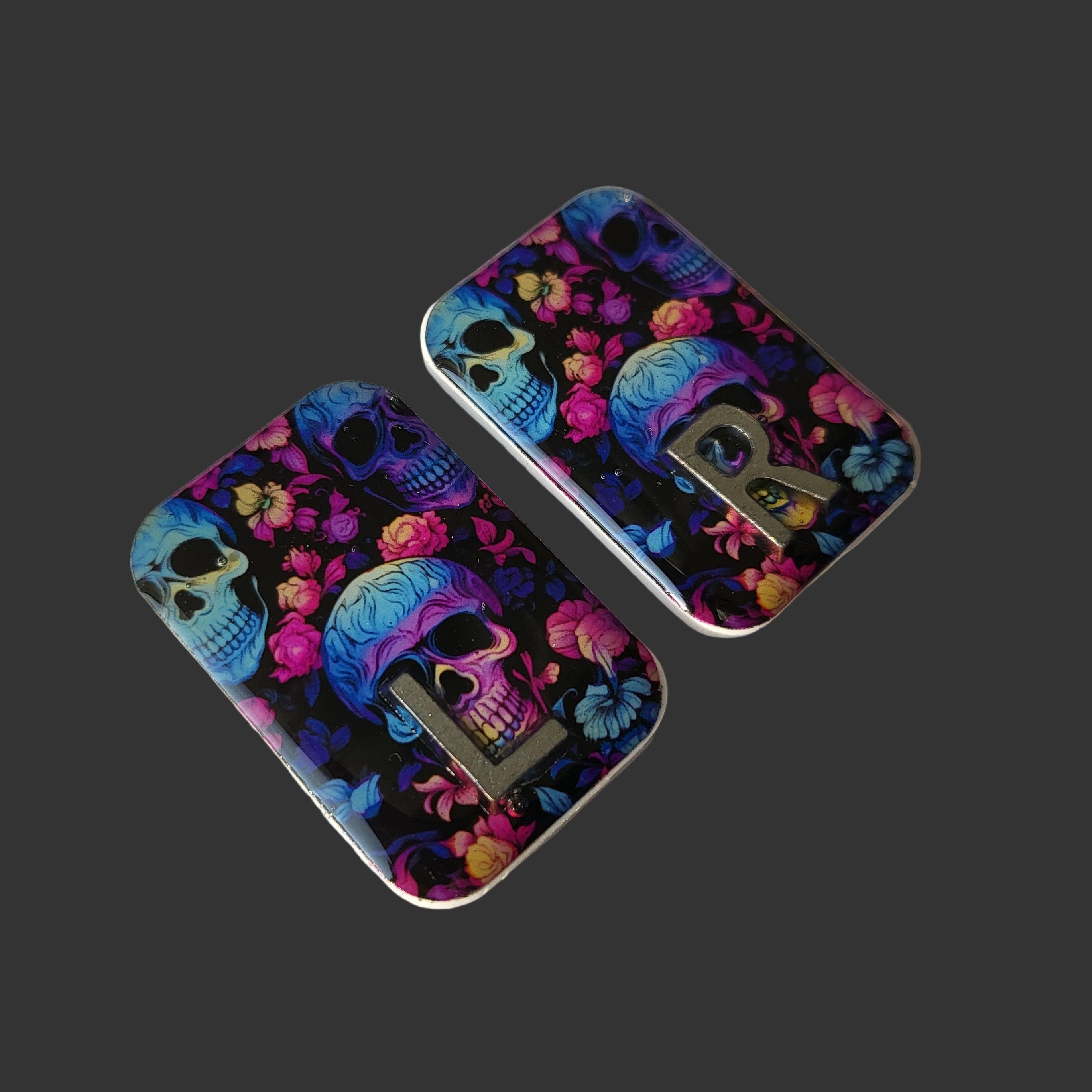 Premium resin skull X-ray markers for radiographers and X-ray techs — 1x1.5 inch blue, purple, and pink skull design, durable and non-yellowing, easy to clean and infection-control friendly.