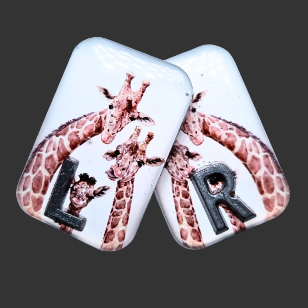 Handmade giraffe X-ray markers with three-giraffe design, personalised radiology markers