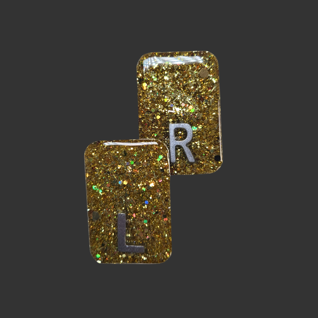 gold chunky glitter X-ray markers with custom initials option. x ray markers for radiographers and x ray techs