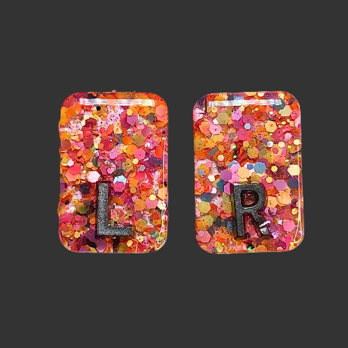 orange polka dot glitter x ray markers for radiographers and x ray techs, made by x ray vision uk 